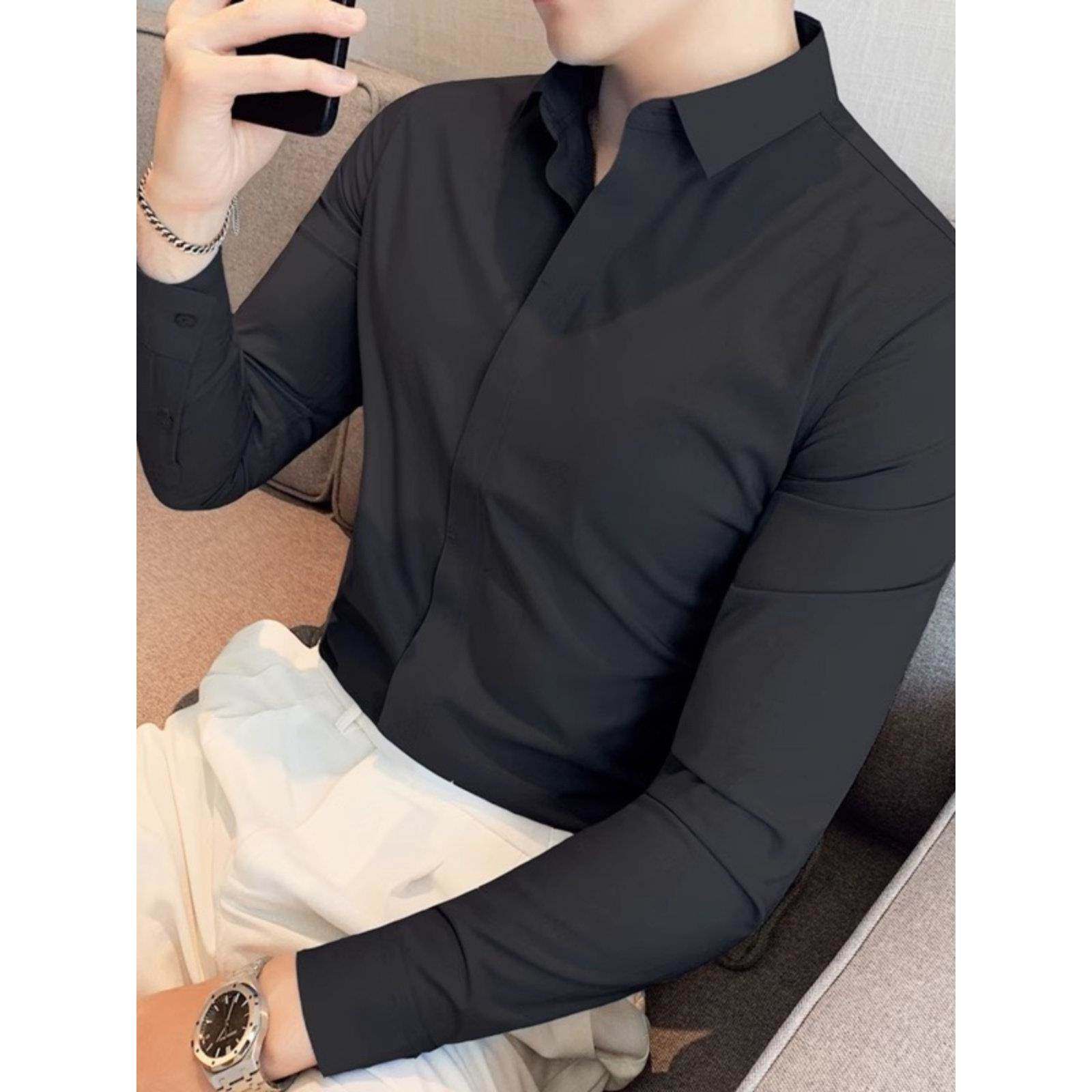 高级感衬衫男长袖韩版潮流暗门襟修身免烫商务正装黑色无痕衬衣男