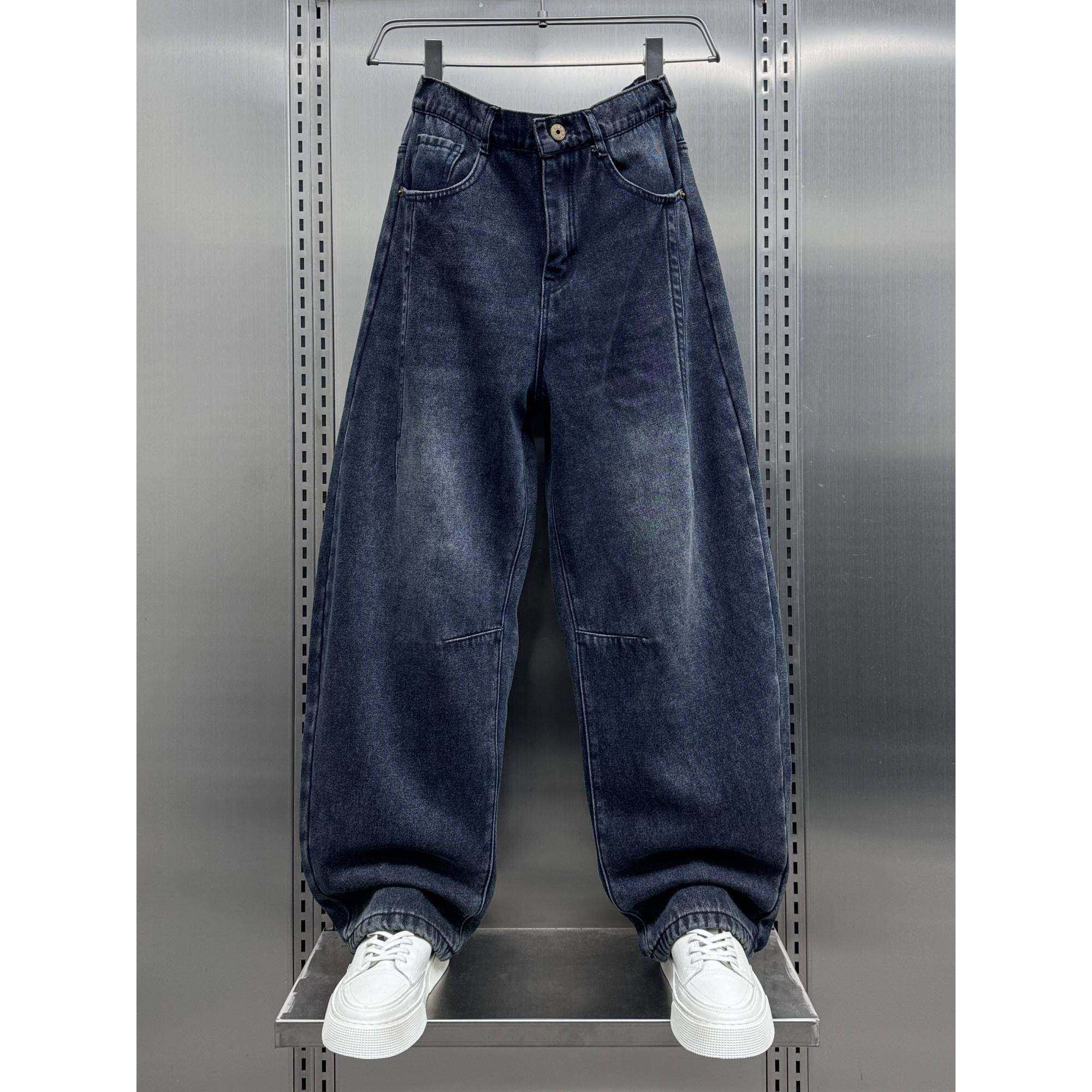 MAROLIO~版型超赞！美式覆古宽松阔腿裤男潮牌加绒加厚直筒牛仔裤