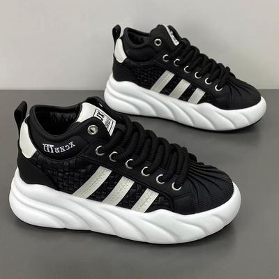 潮牌2025新秋季透气舒适高帮运动休闲鞋男厚底耐磨三条杠中帮板鞋