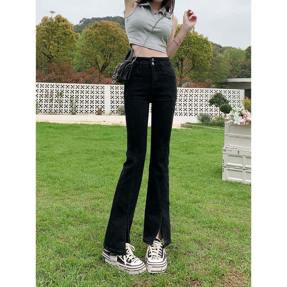 黑色牛仔裤女秋季2022年新款前开叉设计感高腰显瘦显高微喇叭裤子