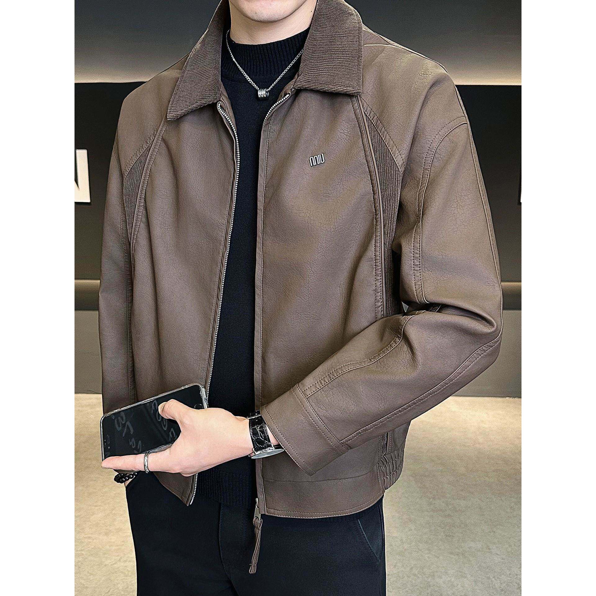 香港皮衣男外套秋冬季潮牌翻领2025年新款休闲拼接机车皮夹克褂子