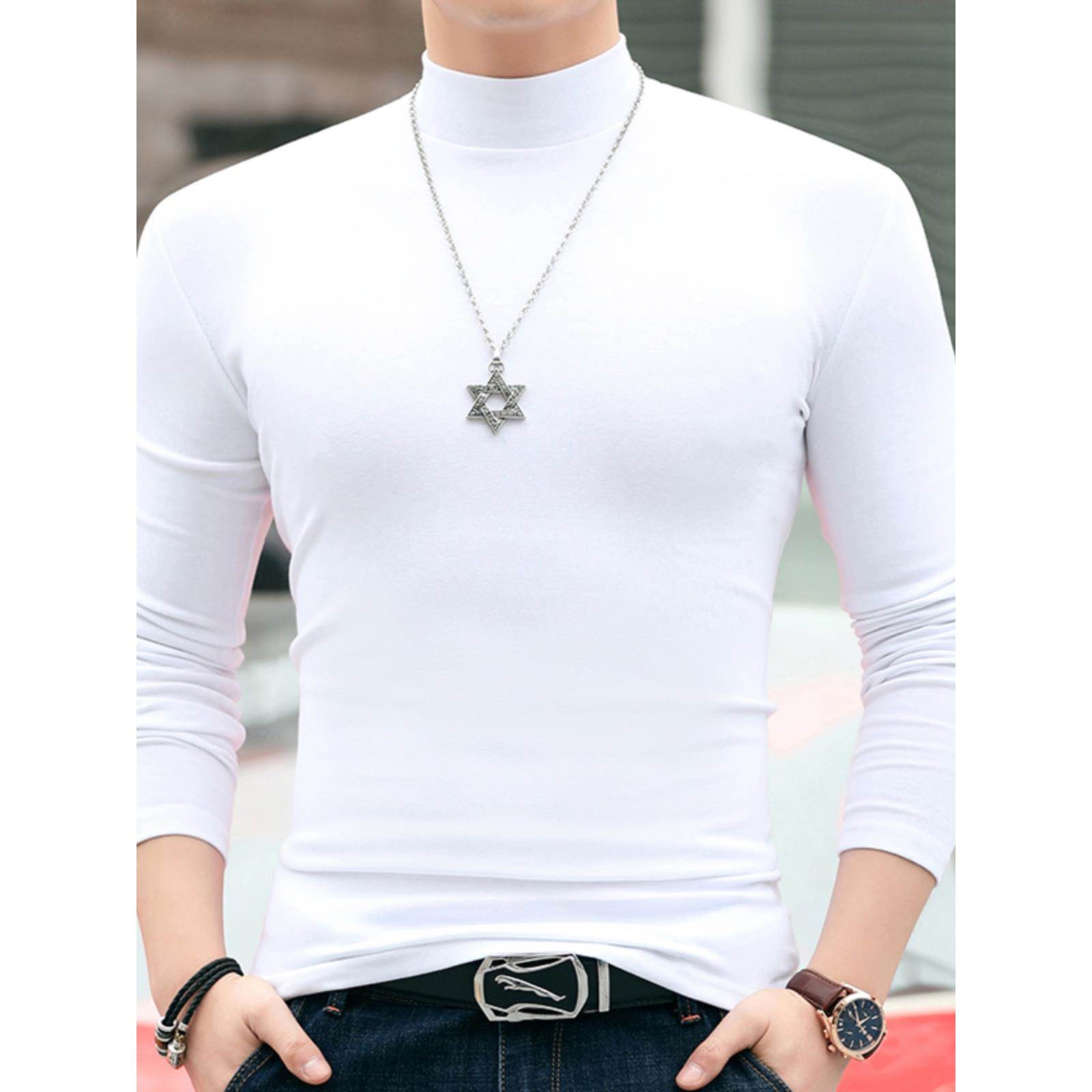 香港秋冬季长袖大码白色打底衫男士纯棉内搭上衣潮修身半高领T恤