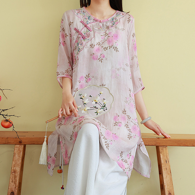 复古印花纯苎麻衬衫女夏季中长款麻料刺绣茶服民族风衬衣禅意小衫