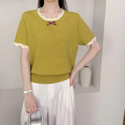2026春夏新款针织短袖女冰丝T恤圆领韩版百搭气质半袖外套薄上衣