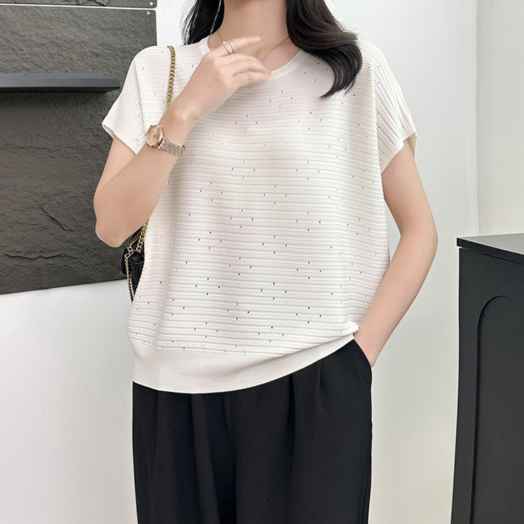 2025春夏新款针织衫女圆领短袖冰丝薄款蝙蝠袖镂空宽松韩版上衣