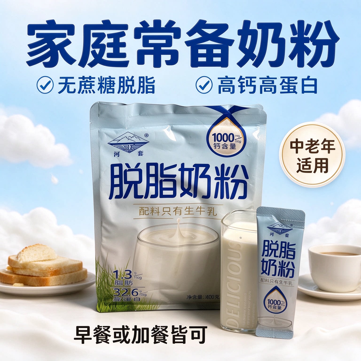 河套脱脂奶粉无糖0脂肪独立包装代餐女士纯牛冲饮品早餐官方速溶