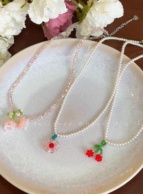 夏日花园~施家珍珠花朵粉水晶项炼女森系串珠锁骨炼甜美颈炼配饰