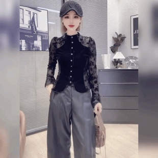 法式立领黑色上衣喇叭袖修身打底衫轻奢蕾丝植绒拼丝绒T恤衬衫女