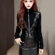 百搭拼PU皮长袖 T恤女复古修身 机车服双拉链上衣修身 时尚 打底衫 潮