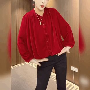 法式黑色简约上衣宽松红色丝绒T恤衬衫女高级感百搭显瘦时尚外套