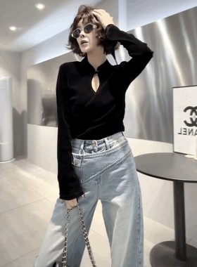 新中式复古黑色上衣气质立领盘扣打底衫丝绒水滴领斜襟百搭T恤女