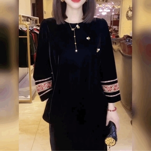 新中式金丝绒黑色上衣中国风复古丝绒T恤衬衫女高级感亮片打底衫