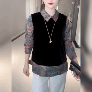 金丝绒拼雪纺打底衫百搭时尚长袖衬衫女轻奢设计感假两件翻领上衣