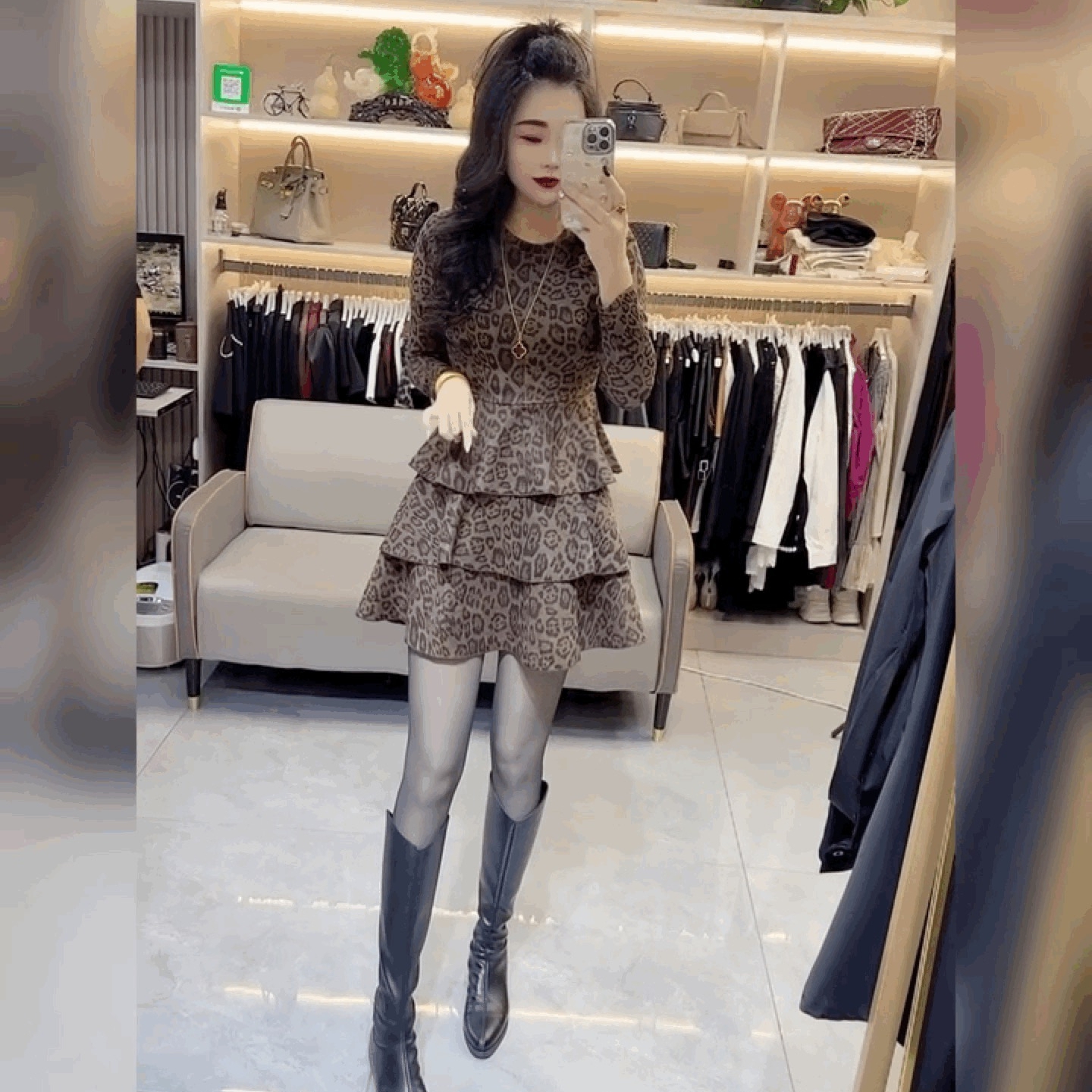 豹纹修身裙蛋糕裙轻奢修身蓬蓬裙