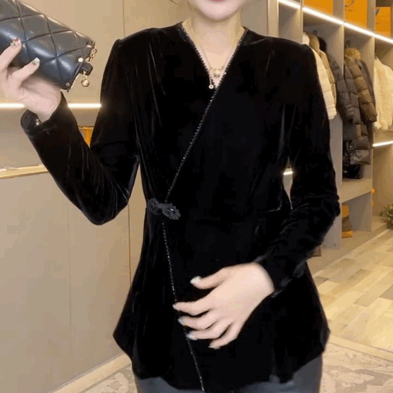 复古丝绒T恤衬衫女V领