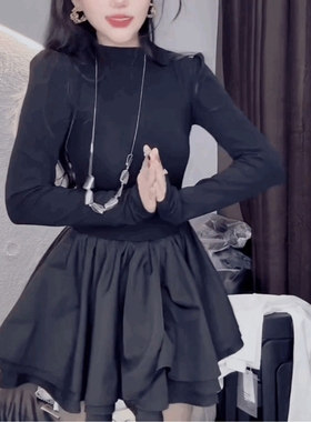 赫连风黑色百搭高级感气质连衣裙女高腰显瘦蓬蓬裙修身长袖小黑裙