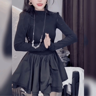 赫连风黑色百搭高级感气质连衣裙女高腰显瘦蓬蓬裙修身长袖小黑裙