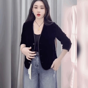 设计感高级黑色法式上衣女超好看的丝绒v领外穿衬衫外套百搭外衣