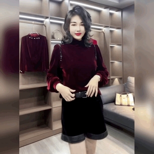 重工串珠时尚丝绒打底衫女灯笼袖设计感轻奢打底衫黑色半高领上衣