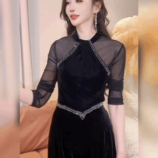高级感网纱拼金丝绒法式上衣女半高领烫钻长袖打底衫性感修身T恤