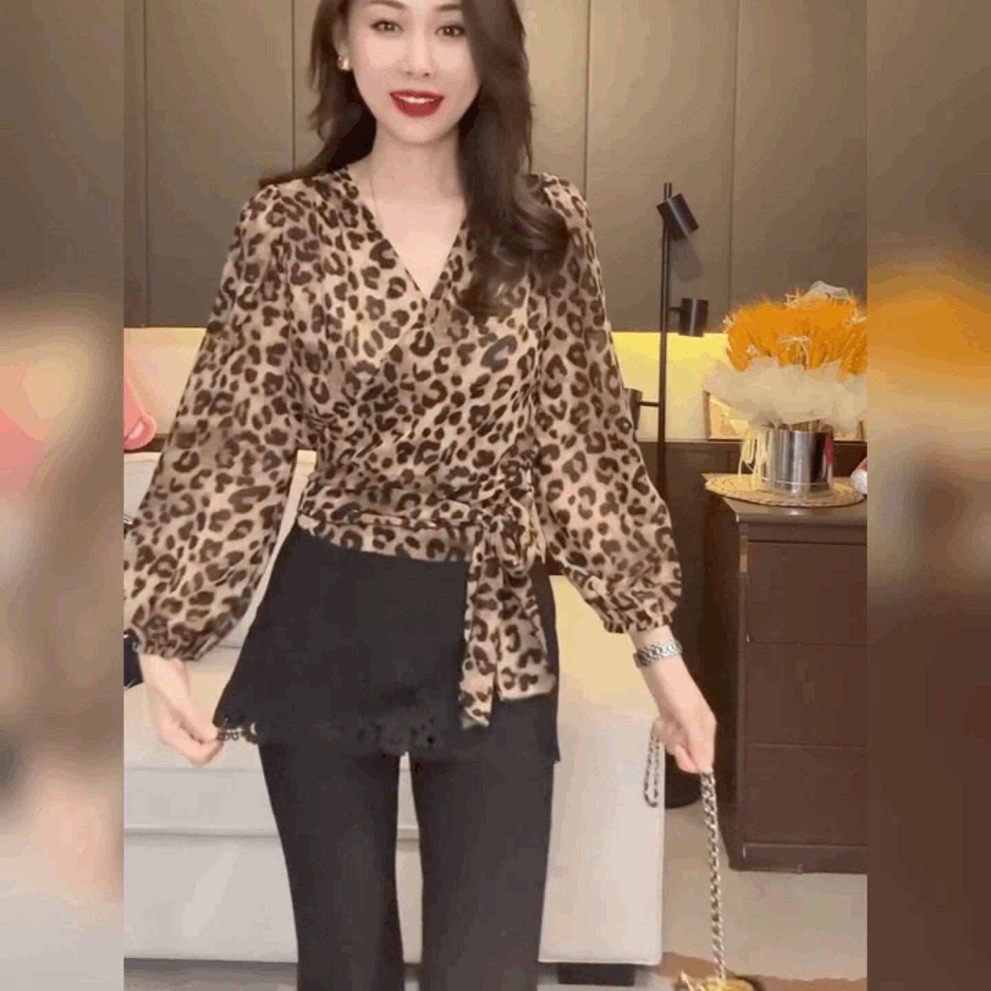 洋气豹纹雪纺网纱衬衫女灯笼袖V领法式上衣一片式系带衬衣雪纺衫