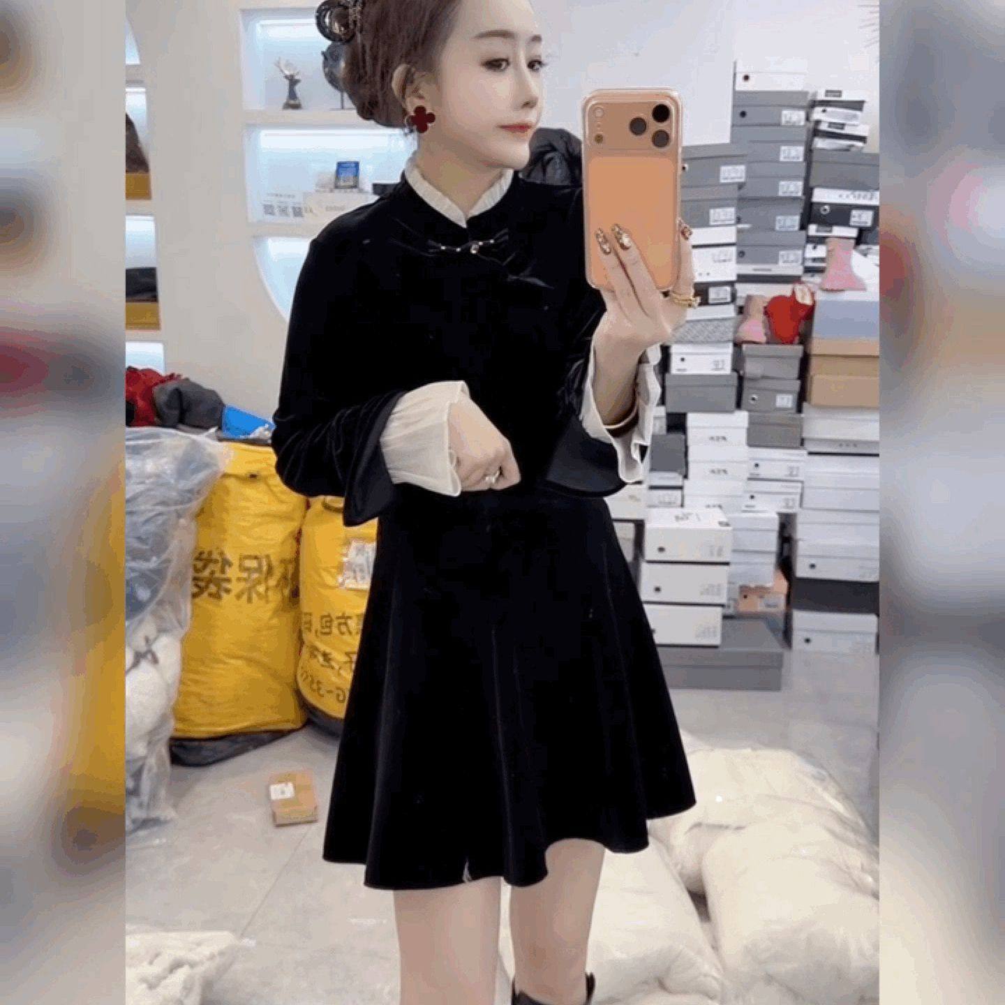 修身喇叭袖打底衫法式黑色上衣潮新中式盘扣雪纺拼丝绒T恤衬衫女