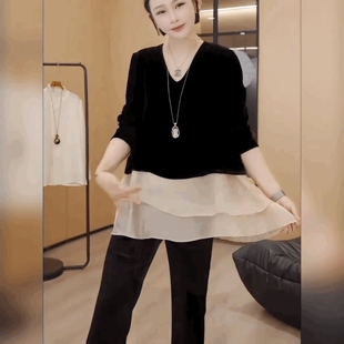 法式V领长袖黑色上衣宽松遮肚T恤打底衫丝绒拼接雪纺荷叶边衬衫女