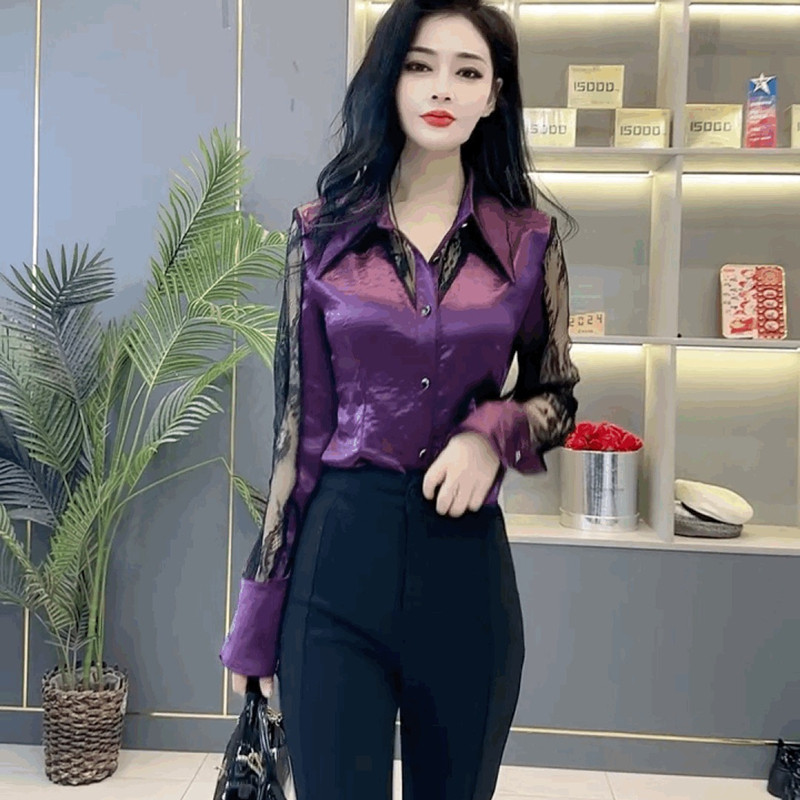修身显瘦内搭气质打底衫POLO领紫色上衣法式设计感蕾丝拼接衬衫女