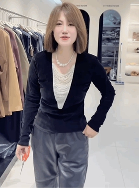 时尚洋气丝绒T恤女气质法式黑色金丝绒上衣修身串珠小香风打底衫