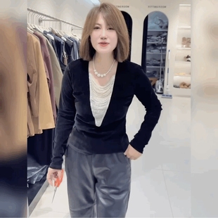 时尚洋气丝绒T恤女气质法式黑色金丝绒上衣修身串珠小香风打底衫