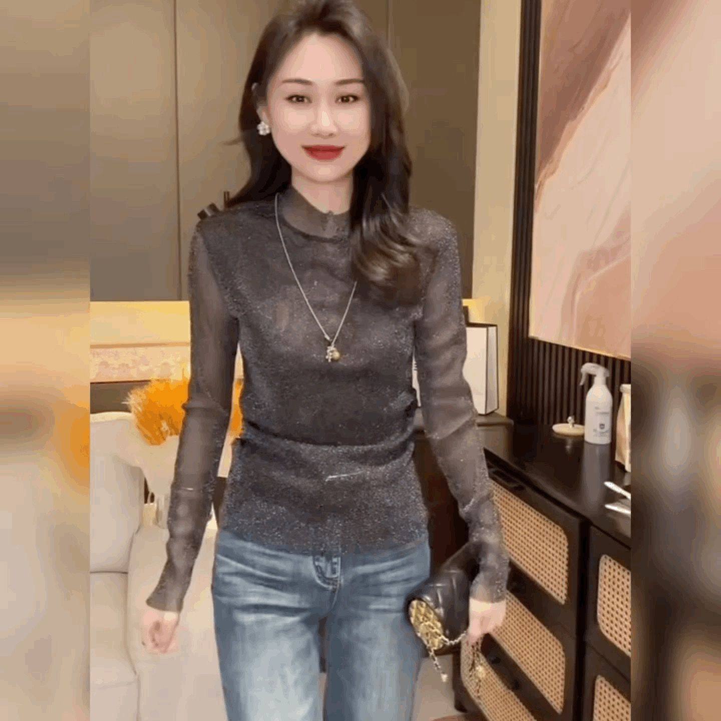 时尚简约蕾丝网纱T恤衫亮丝半高领长袖打底衫女修身法式黑色上衣,女装/女士精品,T恤,淘宝优惠券,粉丝福利购,淘宝优惠卷