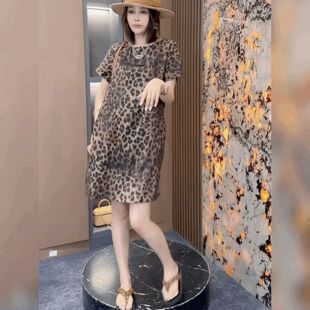 小香风豹纹连衣裙中长款法式圆领时尚裙子丝麻气质女人味背心裙女
