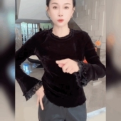 上衣金丝绒拼接蕾丝边打底衫 时尚 洋气木耳领T恤复古百搭显瘦长袖