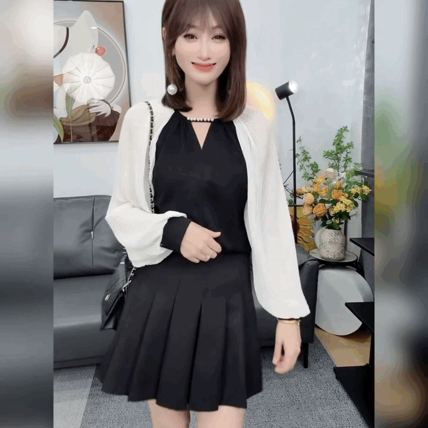 小香风灯笼袖T恤女压褶雪纺拼接法式长袖圆领黑色上衣修身打底衫