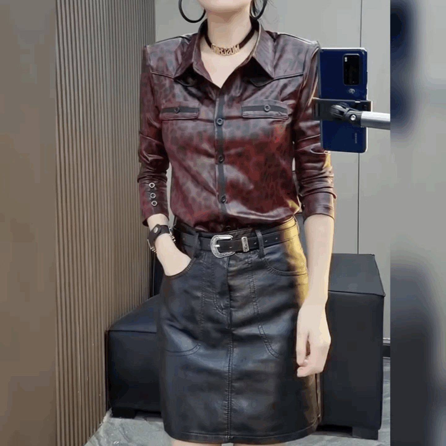 翻领黑色法式上衣蛋白皮时尚百搭打底小衫气质豹纹PU皮t恤衬衫女,女装/女士精品,衬衫,淘宝优惠券,粉丝福利购,淘宝优惠卷