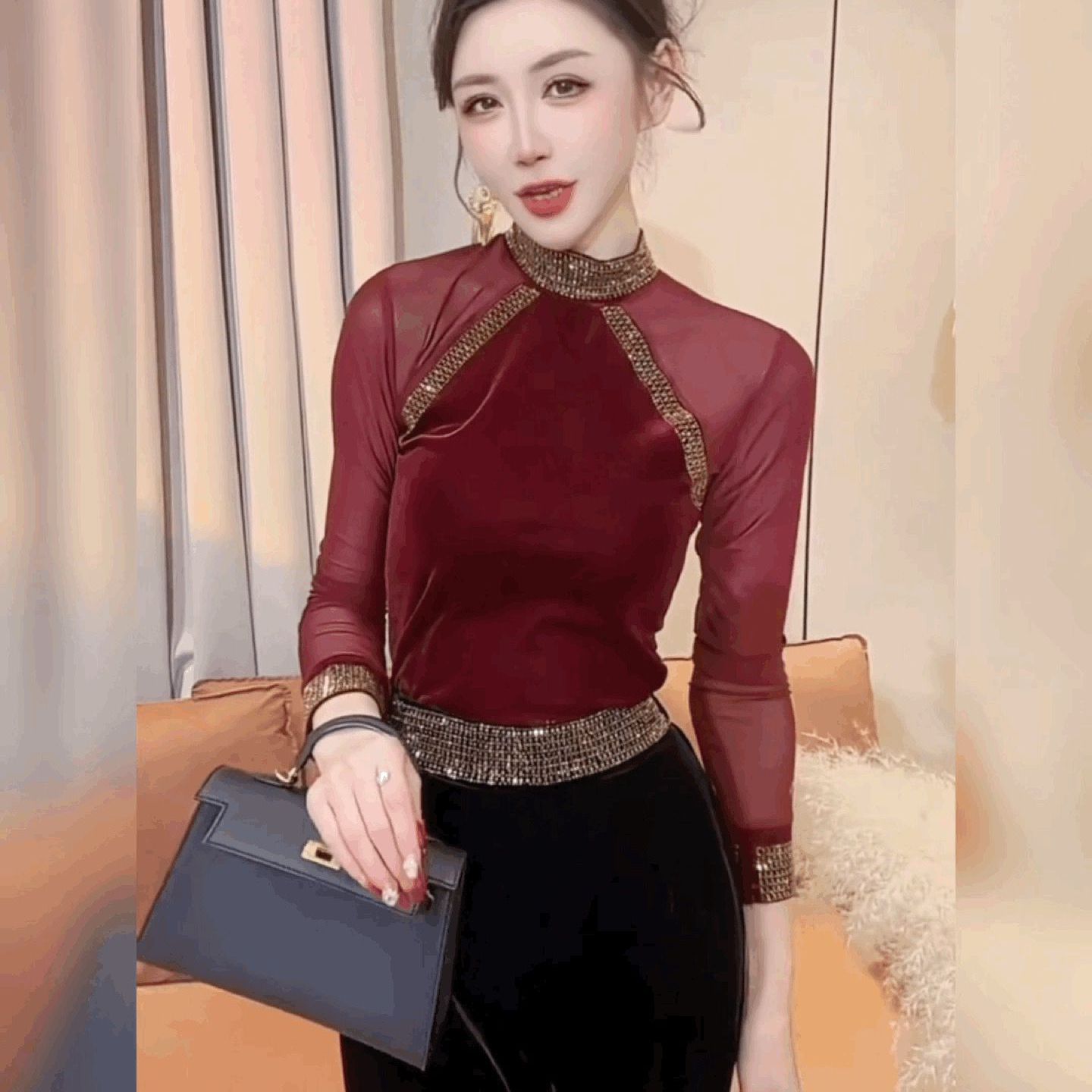 高级感纯欲网纱拼接金丝绒上衣