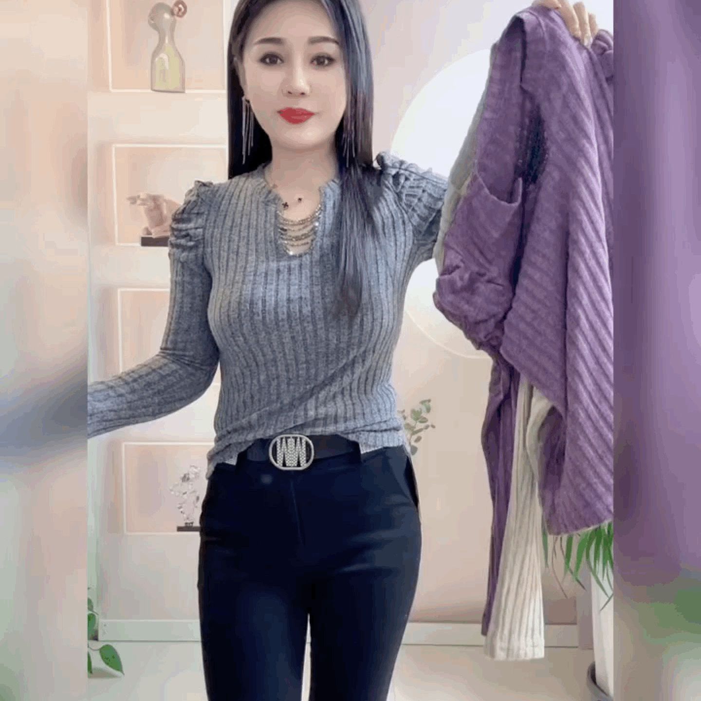 珠链洋气上衣磨毛高级感V领T恤