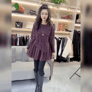 时尚 显瘦假两件连衣裙洋气名媛风蕾丝拼接网纱设计感女裙 百搭修身