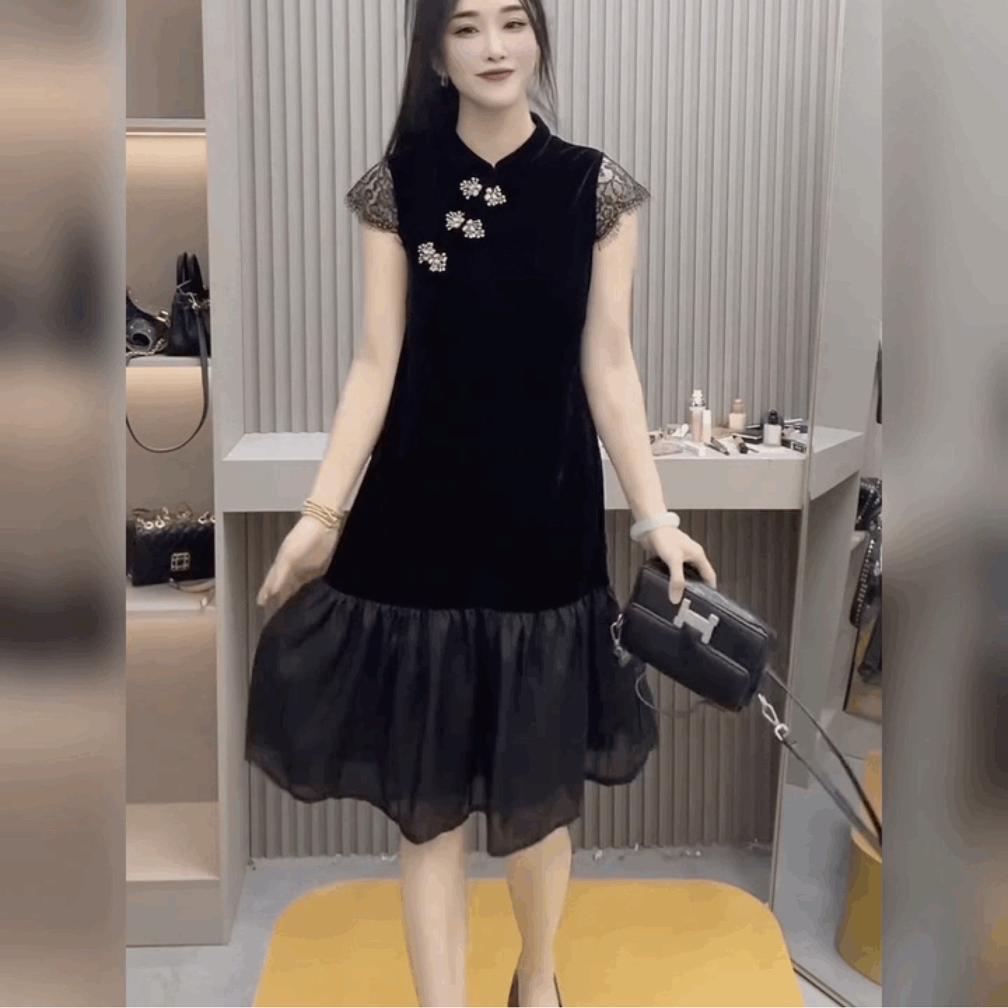 高级感国风轻奢冰丝绒连衣裙女