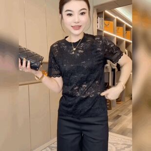 小心机蕾丝镂空短袖T恤衫女圆领短袖黑色法式上衣性感微透打底衫