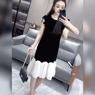 法式坎袖丝绒拼雪纺连衣裙女荷叶边圆领鱼尾裙小香风黑色背心裙子