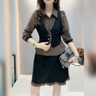 衬衫领假两件连衣裙女收腰条纹淑女裙子长袖木耳边气质V领衬衫裙