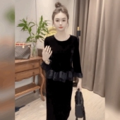 丝绒小香风T恤打底衫 上衣 黑色法式 女设计感时尚 金丝绒拼雪纺小衫