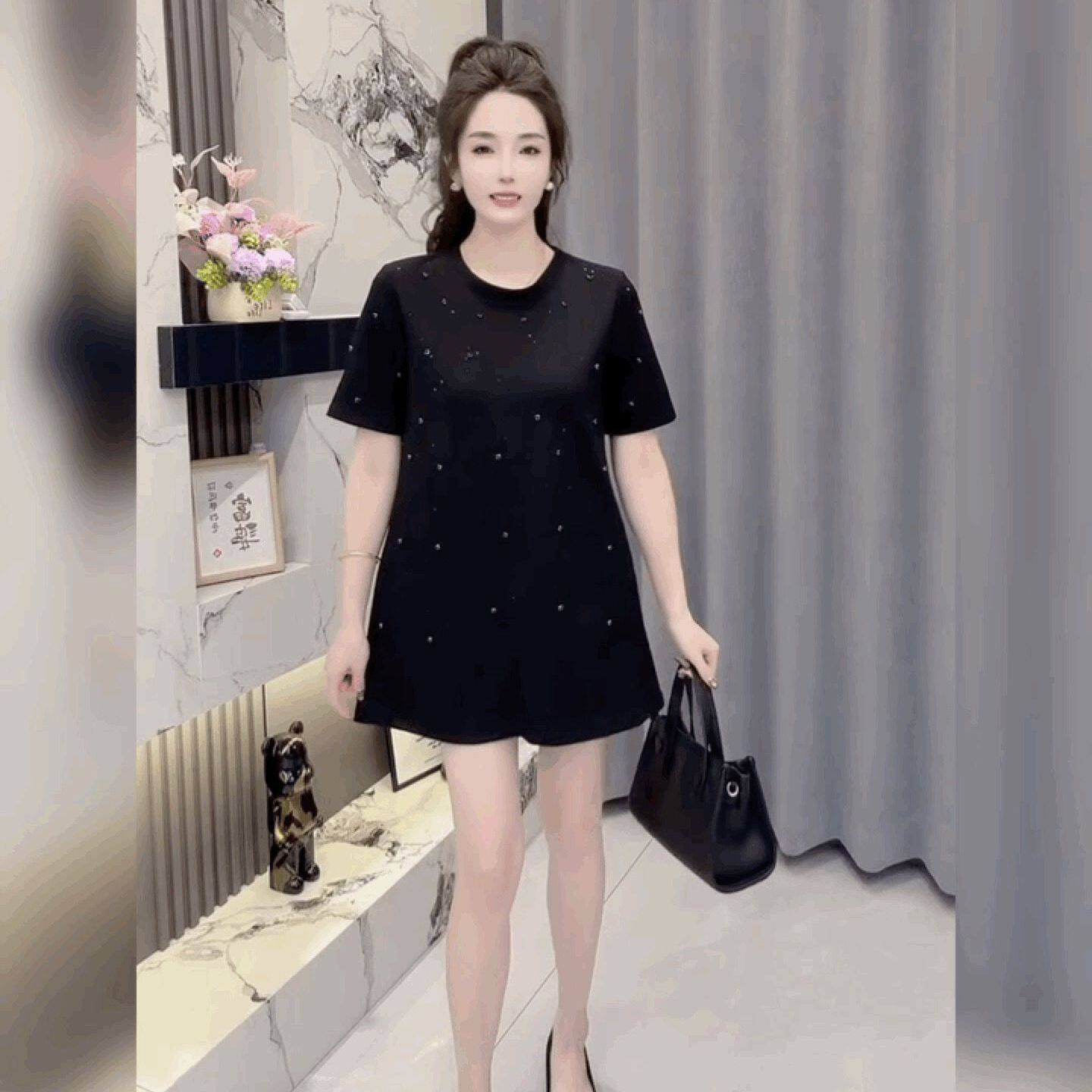重工钉珠圆领短袖T恤裙女宽松连衣裙中长款法式黑色上衣打底短裙