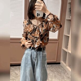 女洋气独特宽松系带上衣荷叶边小衫 衬衫 复古碎花雪纺V领长袖 法式