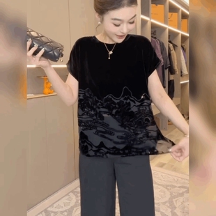 圆领黑色金丝绒上衣高级感山水画打底衫烧花植绒丝绒短袖T恤衫女