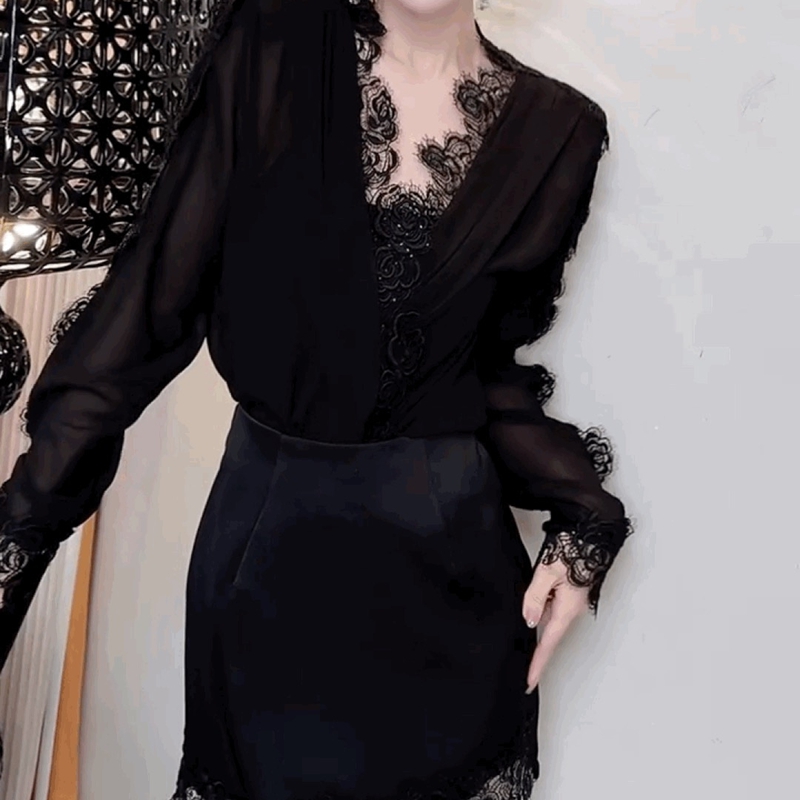 打底衫黑色宽松上衣显瘦洋气马夹假两件衬衫蕾丝马甲拼雪纺衬衫女