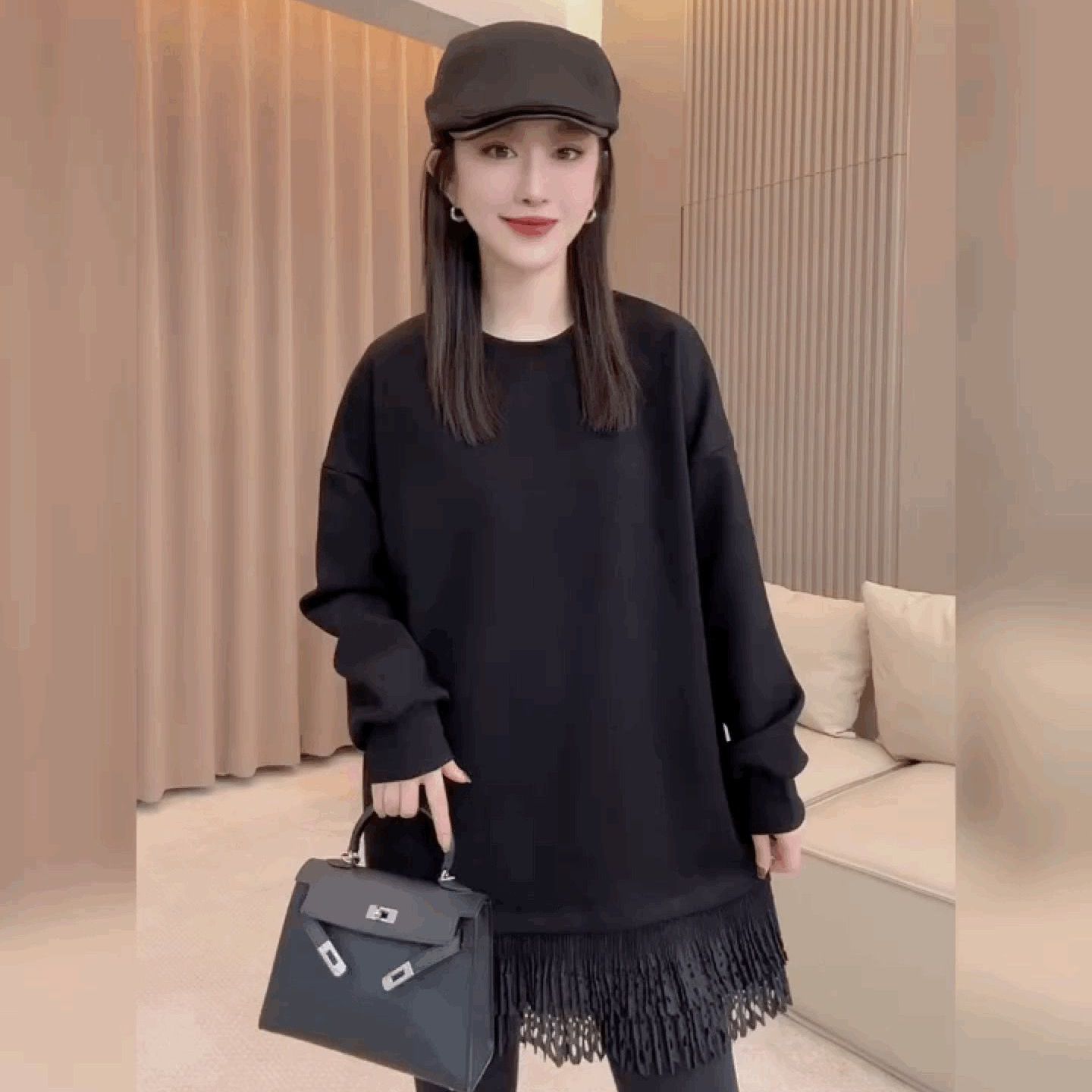 圆领长袖上衣时尚百搭净版拼蕾丝底边打底衫宽松显瘦中长款卫衣裙