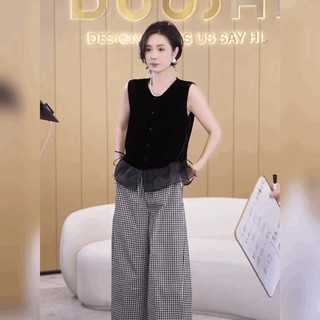 高级感轻奢背心开衫法式黑色圆领上衣雪纺拼冰丝绒无袖T恤衬衫女