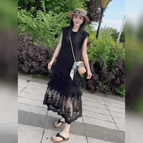 法式显瘦过膝长裙慵懒风A字裙